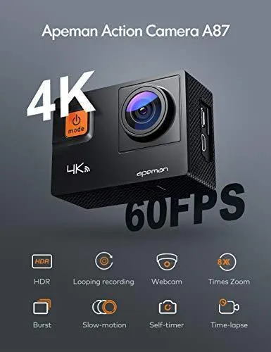 APEMAN 4K 60FPS Action Camera A87,Touch Screen 20MP Wi-Fi EIS 8X Zoom Remotor Control Sports Cam 40M Waterproof Underwater Vlog Camcoder with Mounting Accessories Kit and Carrying Case