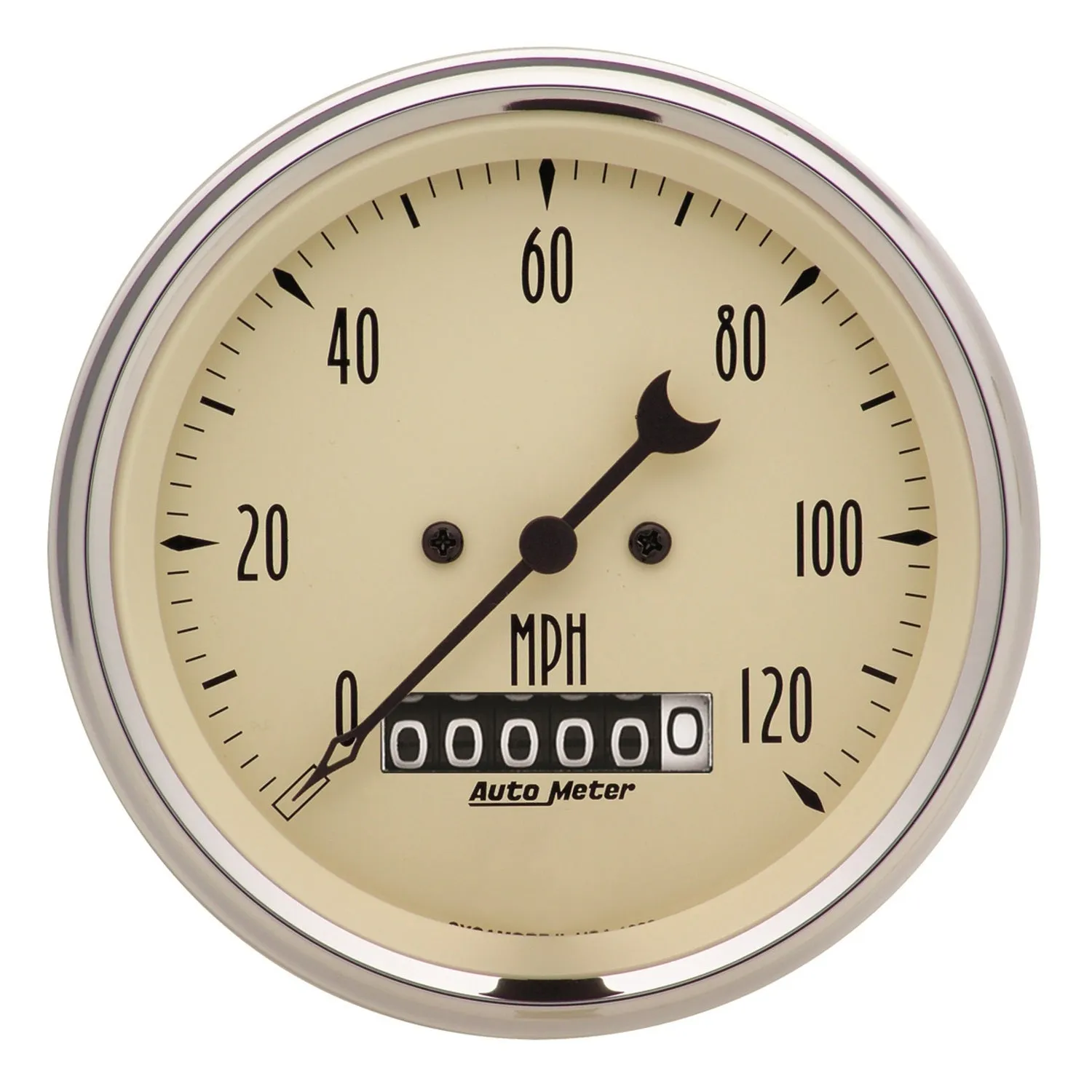 AutoMeter 1879 GAUGE; SPEEDO.; 3 3/8in.; 120MPH; ELEC. PROG. W/WHEEL ODO; ANTQ BEIGE