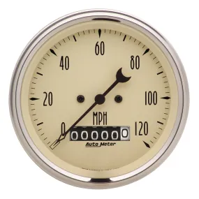 AutoMeter 1879 GAUGE; SPEEDO.; 3 3/8in.; 120MPH; ELEC. PROG. W/WHEEL ODO; ANTQ BEIGE