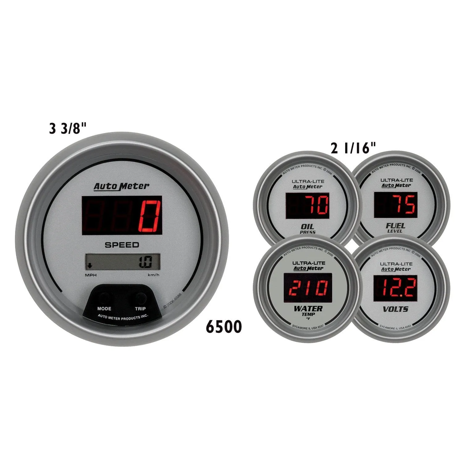 AutoMeter 6500 GAUGE KIT; 5 PC.; 3 3/8in./2 1/16in.; ELEC. SPEEDO.; DIGITAL; SILVER W/RED LED