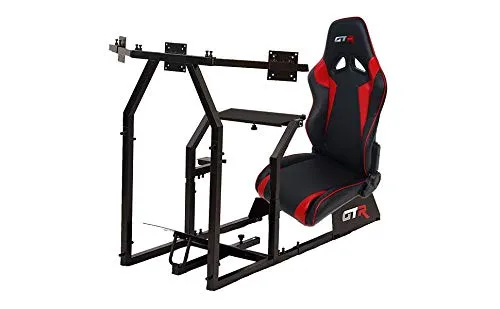 GTR Simulator GTAF-BLK-S105LBKRD - GTA-F Model (Black) Triple or Single Monitor Stand with Black/Red Adjustable Leatherette Seat, Racing Simulator Cockpit Gaming Chair Single Monitor Stand
