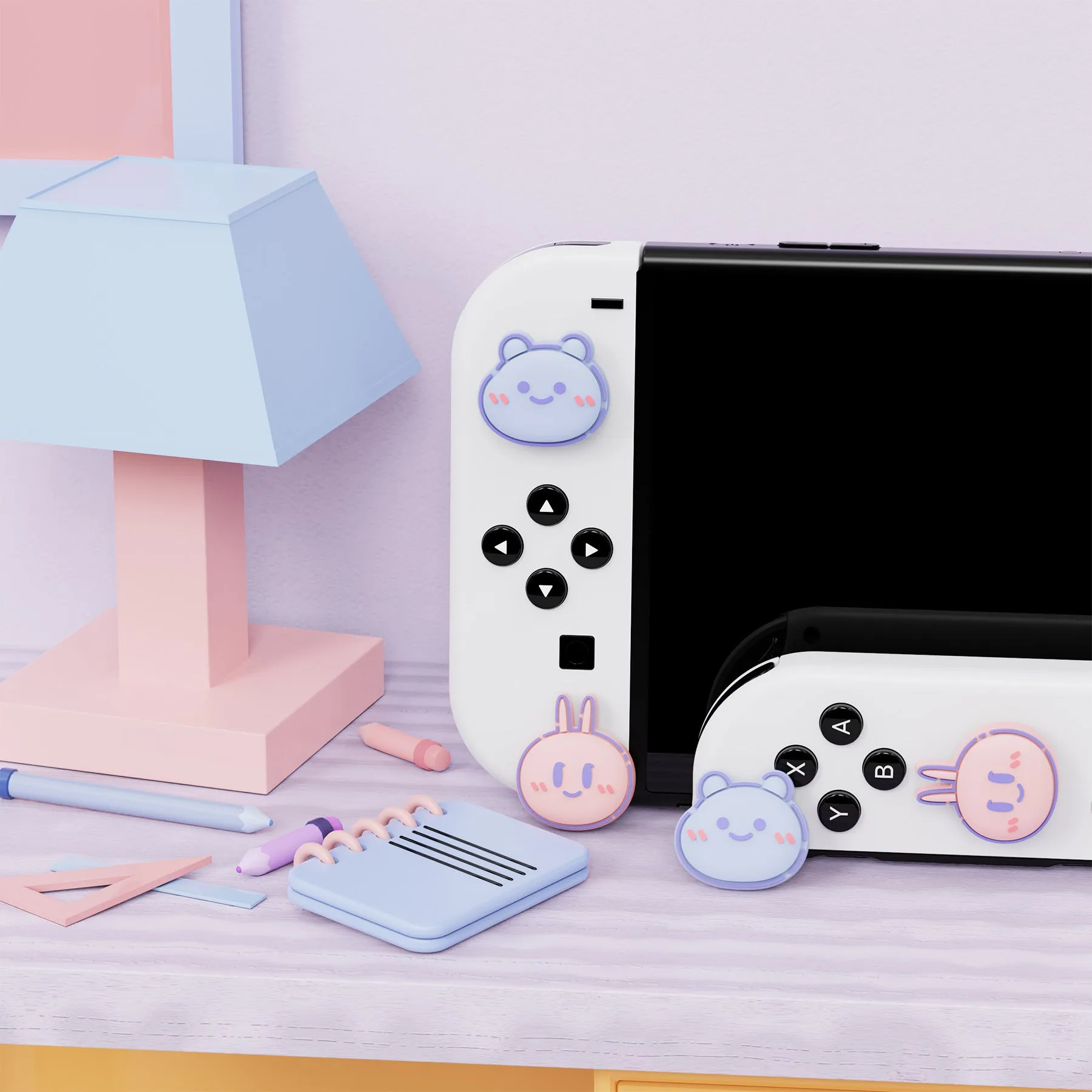 PlayVital Kawaii Bear & Bunny Switch Thumb Grip Caps, Joystick Caps for NS Switch Lite, Silicone Analog Cover Thumbstick Grips for Joycon of Switch OLED - NJM1187