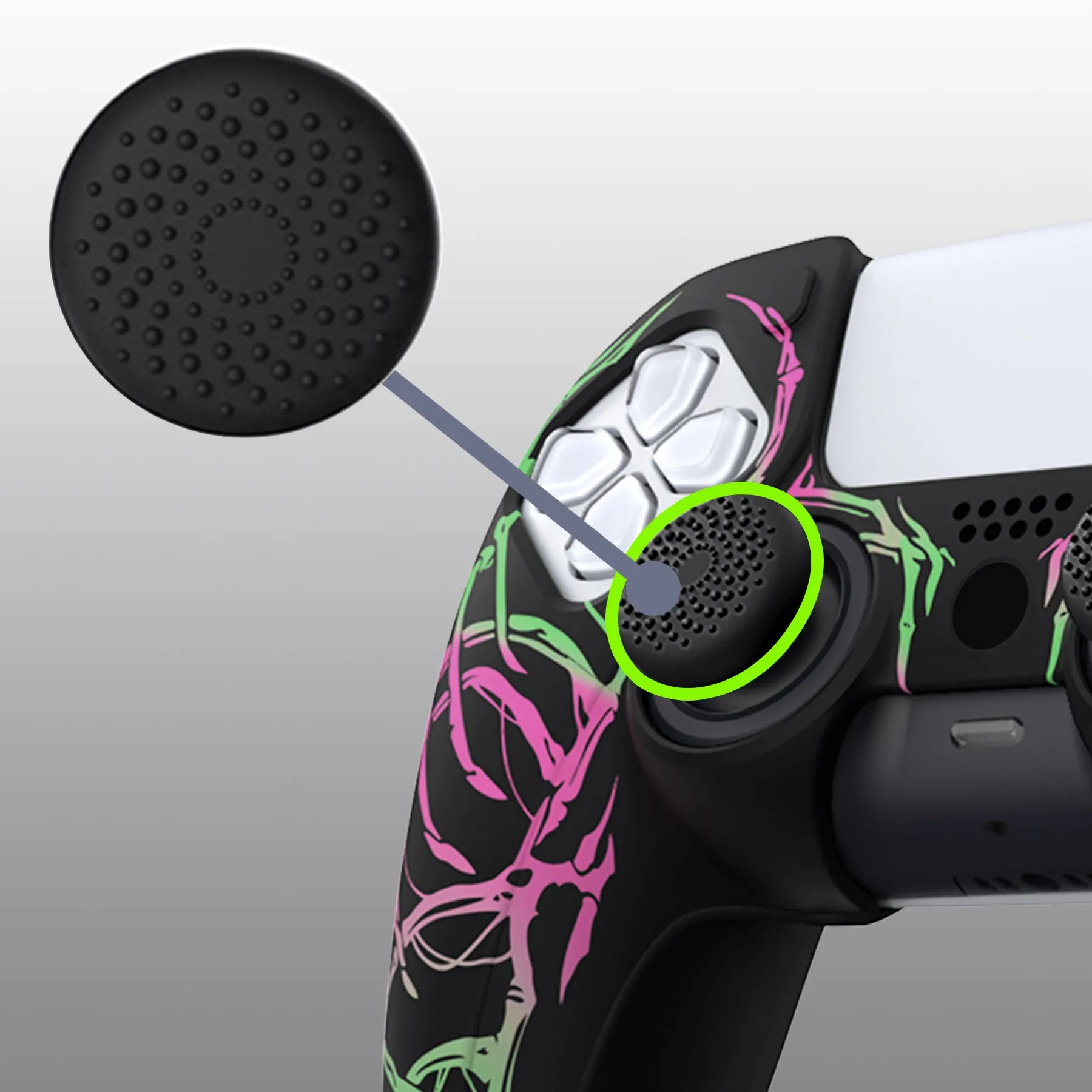 PlayVital Pure Series Carving Skull Pink & Green Dockable Model Anti-Slip Silicone Cover Skin with 6 Thumb Grip Caps for ps5 Controller Fits with Charging Station - EKPFL001