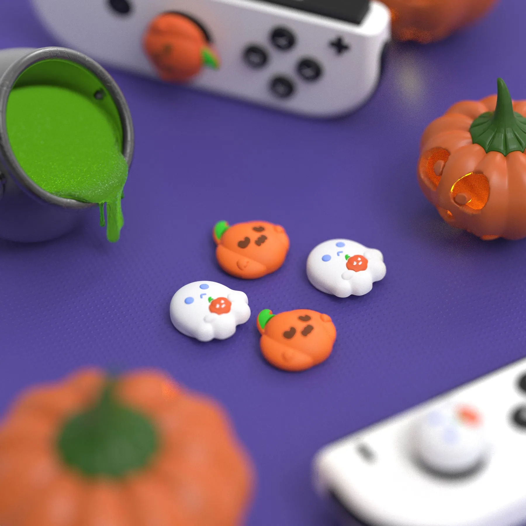 PlayVital Switch Joystick Caps, Switch Lite Thumbstick Caps, Silicone Analog Cover for Joycon of Switch OLED Thumb Grip Rocker Caps for Nintendo Switch & Switch Lite - Spooky Ghost with Pumpkin - NJM1179