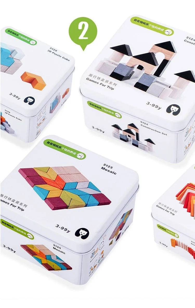 Set 12 -TWELVE different Puzzle Educational Games for Travel in closable Tin Can.