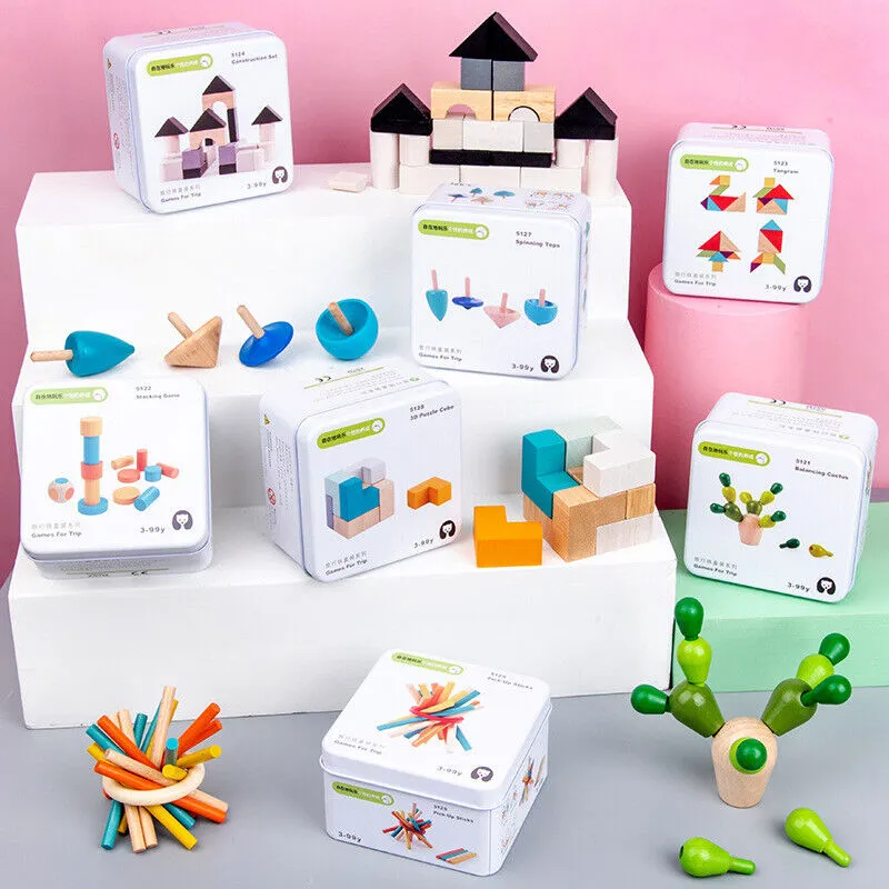 Set 12 -TWELVE different Puzzle Educational Games for Travel in closable Tin Can.