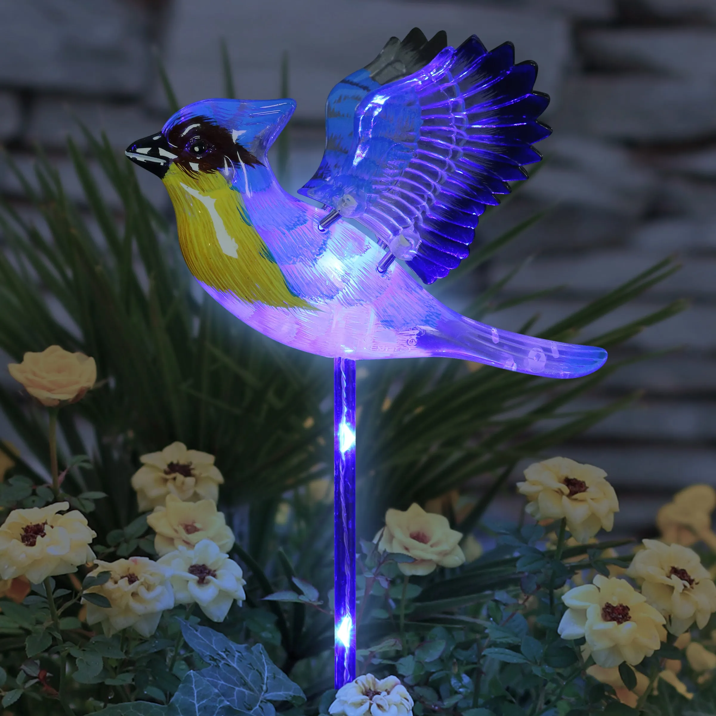 Solar WindyWing Blue Jay Garden Stake with Blue LED Lights, 7 Inch