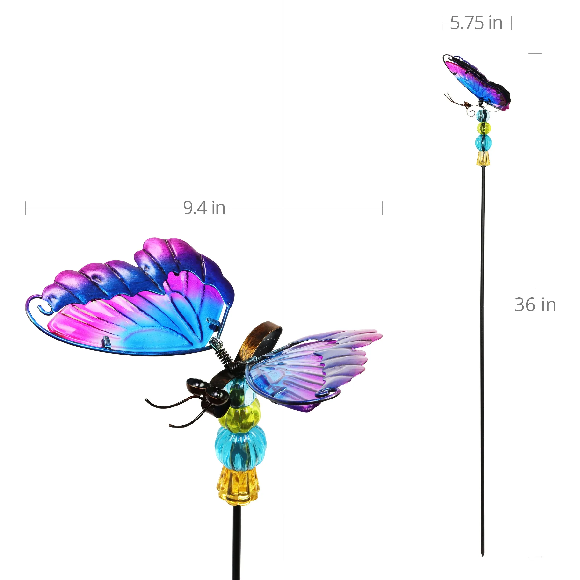 WindyWing Purple Butterfly Garden Stake with Beads, Made of glass and metal with Flapping Wings