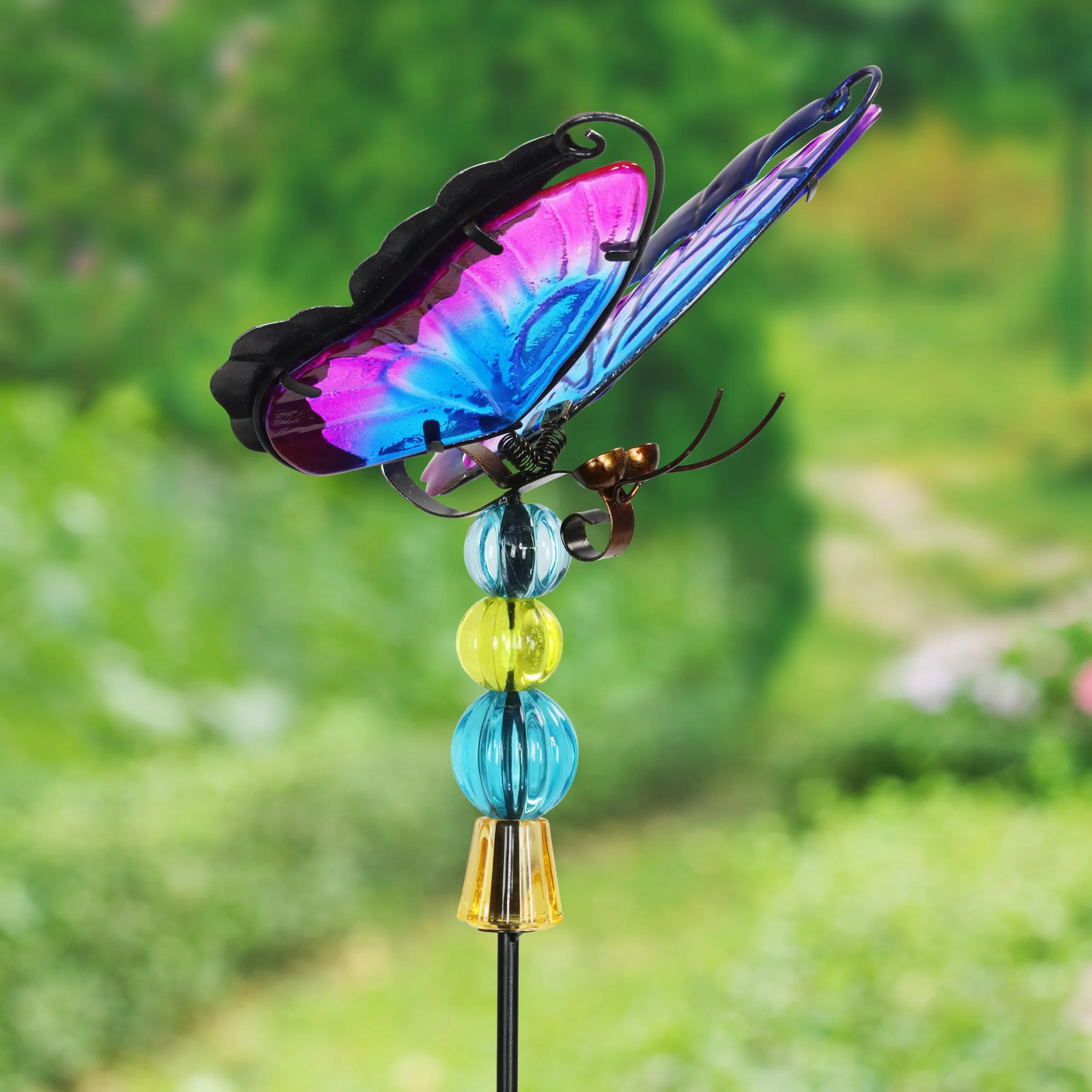 WindyWing Purple Butterfly Garden Stake with Beads, Made of glass and metal with Flapping Wings