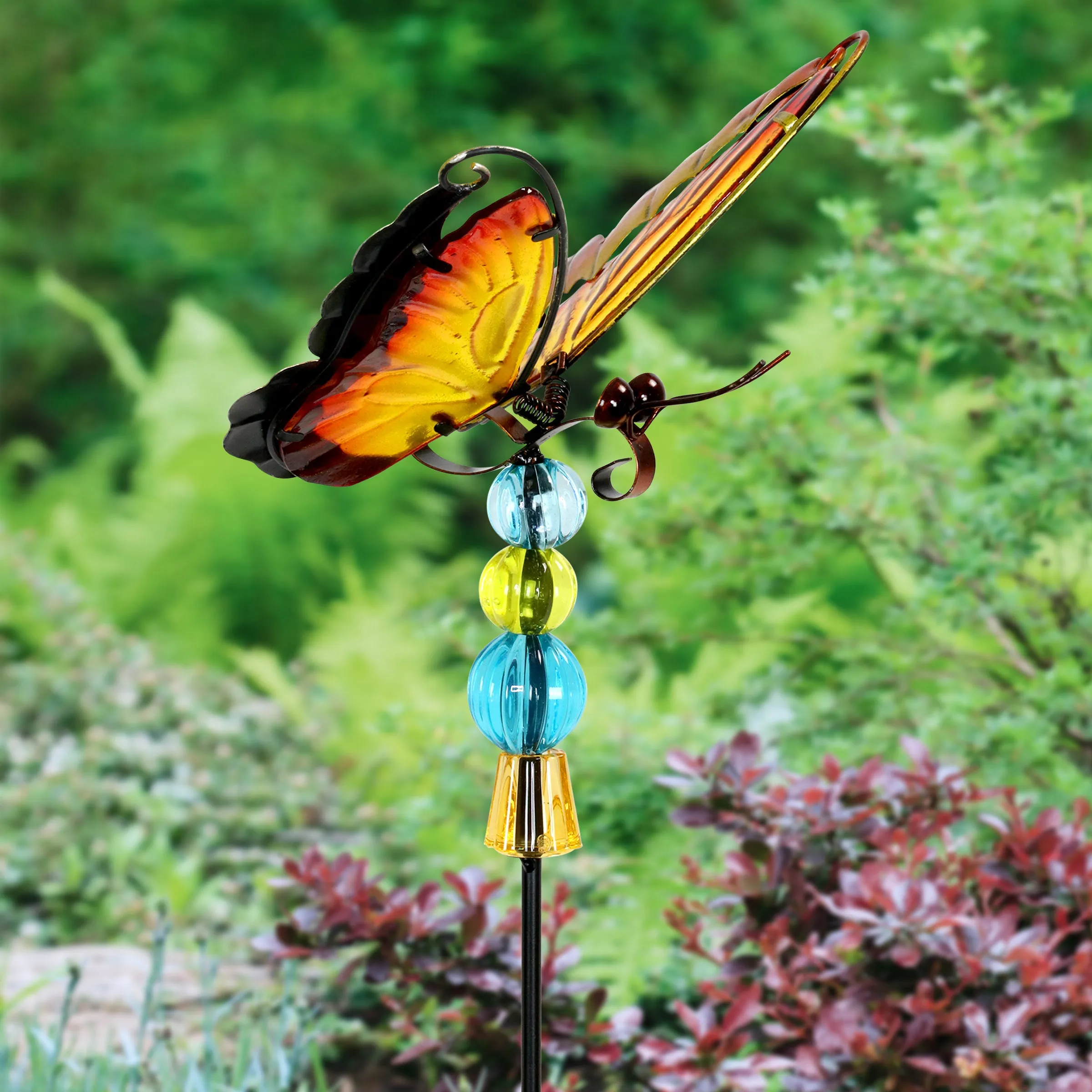 WindyWing Red Butterfly Garden Stake with Beads, Made of glass and metal with Fluttering Wings, 6 by 30 Inches